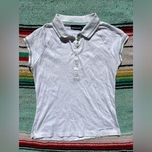 White tennis cap sleeve tank top with green and pink trim